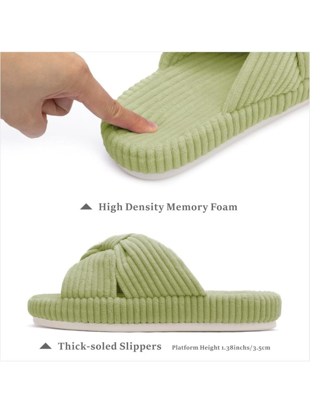 Women's Green Memory Foam House Corduroy Bow Crossbands Comfy Soft Slipper Shoes - Picture 3 of 6